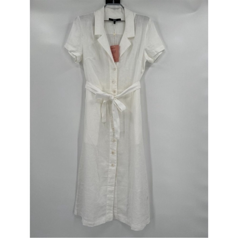 Quince White Linen Button Front Dress sz S Women's Midi A-Line Belt Short Sleeve